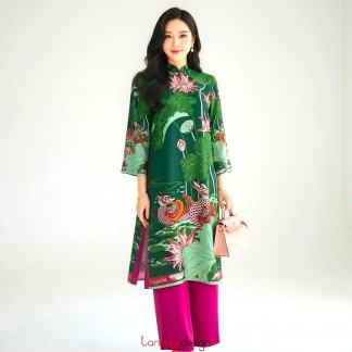 Áo dài tay loa Uyên ương liên hạ xanh hồng F